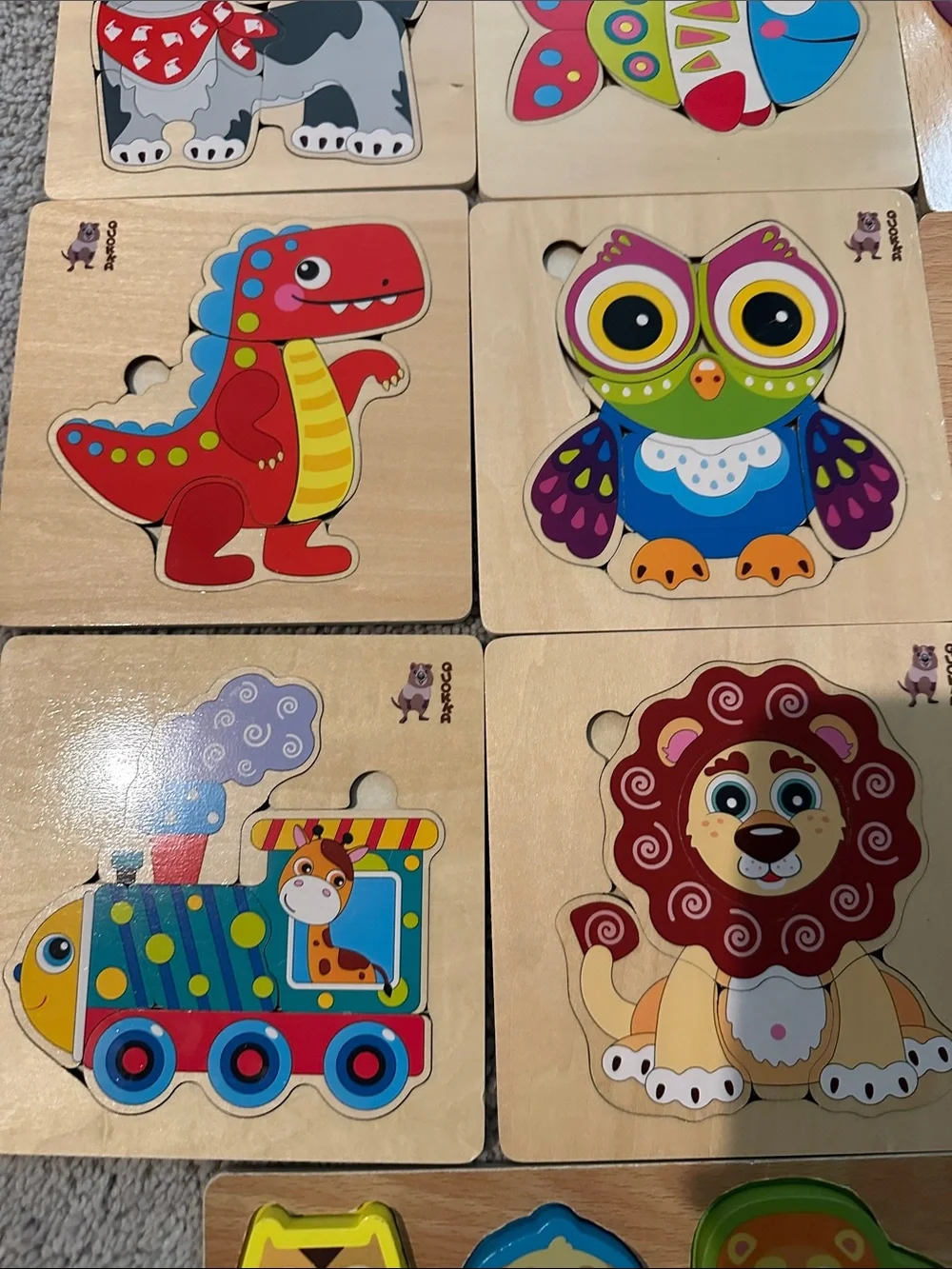 Lot of Wooden Animal & Vehicle Chunky Puzzle Set for Kids - Multicolor
